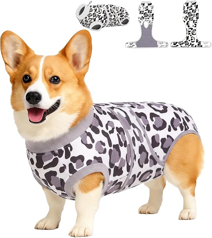 PetWarm Dog Spay Recovery Suit, Dog Cone Alternative After Surgery, Prevents Licking, Machine Washable, Fashionable and Protective, Lightweight and Breathable, Leopard Pattern, White, S