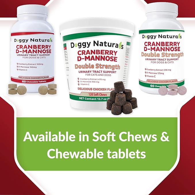 Cranberry D-Mannose for Dogs and Cats Urinary Tract Infection Support Prevents and Eliminates UTI, Bladder Infection Kidney Support, Antioxidant (Single Strength Tablet, 120 Count)