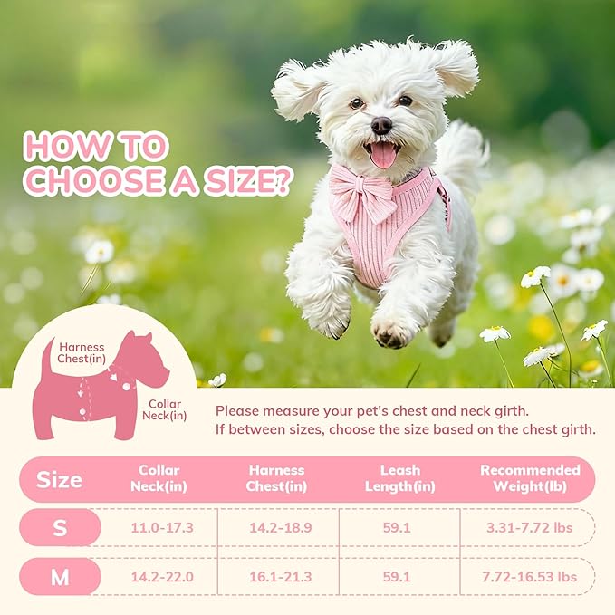 Small Dog Collar Harness and Leash Set, Dog Harness no Pull with Bowtie, Breathable Cotton Adjustable Pet Puppy Harness, Easy Walk Dog Harness, S(14–18.9")