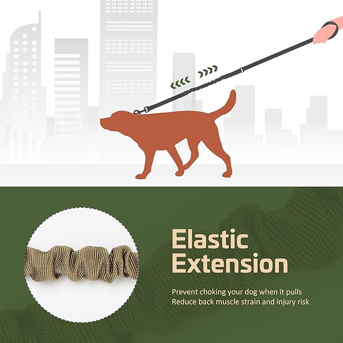 Forestpaw Tactical Dog Leash for Large Dogs,Heavy Duty Bungee Dog Leash with Shock Absorption,2 Padded Handles for Training Running Walking,Adjustable 4-5FT,Khaki