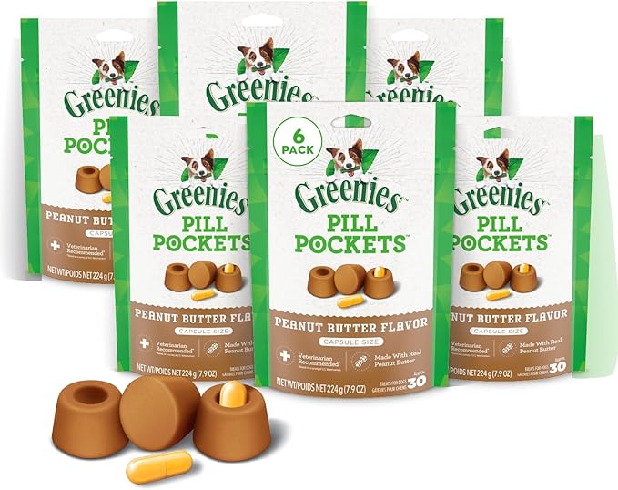 Greenies Pill Pockets for Dogs Large Size, Dog Treat Pouch for Capsule Medication, Peanut Butter Flavor, (6) 7.9 oz. Pouches