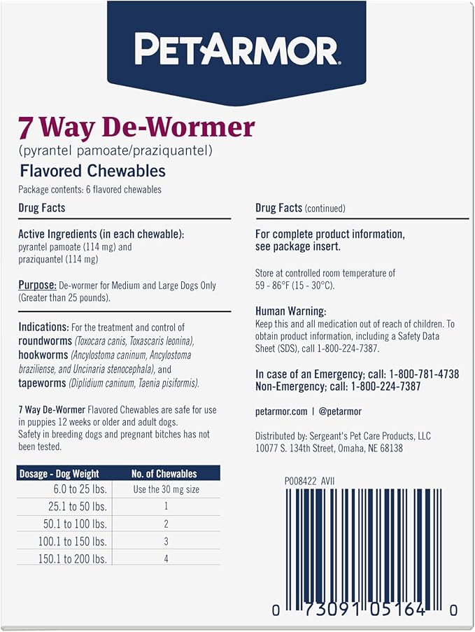 PetArmor 7 Way De-Wormer for Dogs, Oral Treatment for Tapeworm, Roundworm & Hookworm, Large Dog Dewormer (Over 25 lbs), Worm Remover (Praziquantel & Pyrantel Pamoate), 6 Flavored Chewables