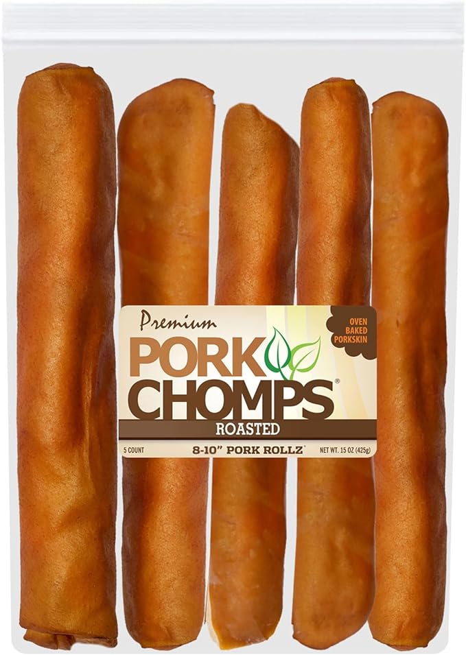 Pork Chomps Roasted Pork Skin Dog Chew, 8 Inch Roll, 5 Count - Long-Lasting Treats for Dogs - High Protein, Rawhide-Free, Low Fat, Healthy & Delicious Chews