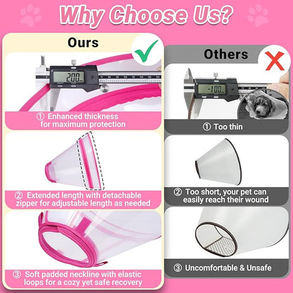 Dog Cone to Stop Licking, Clear Recovery Collar with Detachable Zipper, Sturdy Elizabethan Collar for Large Medium Small Dogs, Soft Adjustable Cone After Surgery Patented, Hot Pink M