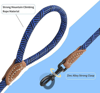 Mile High Life Rope Leash with Genuine Leather Connection, 6 FT/5 FT/4 FT, Heavy Duty Leash for Medium & Large Dogs (Blue, 72 Inch)