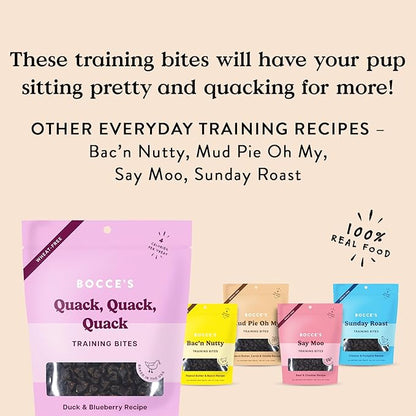 Bocce's Bakery Quack, Quack, Quack Training Treats for Dogs, Wheat-Free Dog Treats, Made with Real Ingredients, Baked in The USA, Natural & Low Calorie Training Bites, Duck & Blueberry, 6 oz
