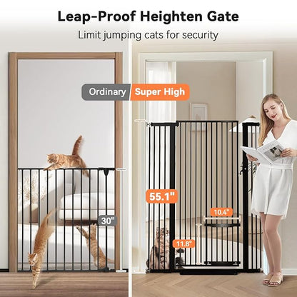 COMOMY 55.1" Extra Tall Pet Gate for Cats, 29.5-40.6" Extra Wide Cat Gate with Adjustable Cat Door, Pressure Mounted Easy Walk Through Pet Gate with Door for Stairs, Doorways, Kitchen(Black)