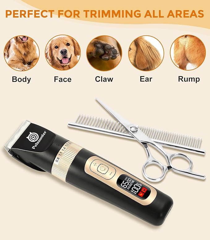 Petsaunter Dog Clippers for Grooming Kit, 4-Speed & LCD, Low Noise Electric Trimmer for Grooming, TypeC Rechargeable Dog Hair Clippers, Quiet for Dogs & Pets with Thick or Heavy Coats(C95 Set)