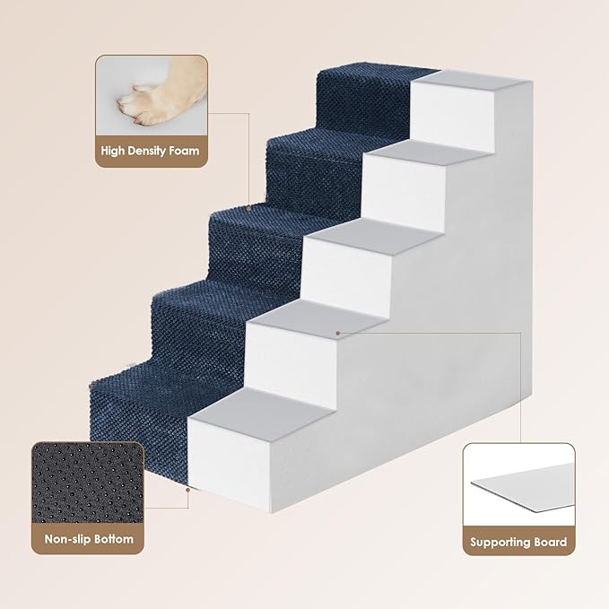 EHEYCIGA Dog Stairs for Bed 25" H, 5-Step Extra Wide Dog Steps for High Bed, Pet Steps for Small Dogs and Cats, Non-Slip Balanced Pet Ramp Indoor, Navy Blue