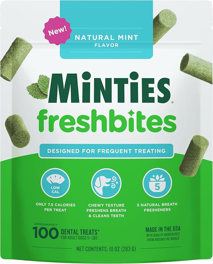 Minties FreshBites Soft and Chewy Dental Treats, Low Calorie Natural Mint Flavored Dental Chews for Dogs, 100 Count, Dog Chews Clean Teeth, Fight Bad Breath, Removes Plaque and Tartar