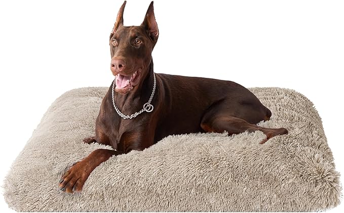 EHEYCIGA Fluffy XXL Dog Crate Pad, Plush Faux Fur Dog Bed for Extra Large Dogs, Calming Anti Anxiety XXL Bed, Washable Soft Warm Crate Mat with Non-Slip Bottom, Taupe