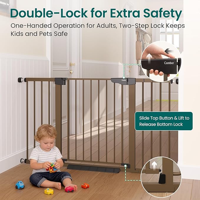Cumbor 30-54" Extra Wide Baby Gate for Stairs, Dual Lock & Self-Closing Dog Gate Indoor, Easy Install Pet Gate for Doorways, Hallways & Kitchen, Easy Walk Thru Safety Proofing for Babies & Pets, Brown