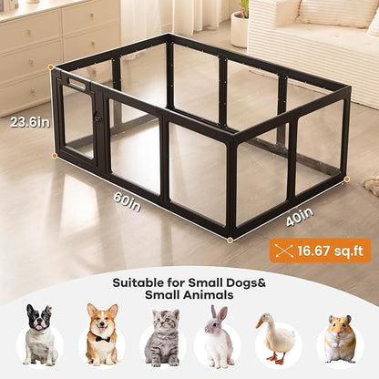 Clear Acrylic Dog Playpen Indoor, Puppy Cat Small Pet Play Pen, Pet Cat Playpen for Rabbits, Dog Fence Crate Kennel Whelping Cage (24", Black, 10 Panel)