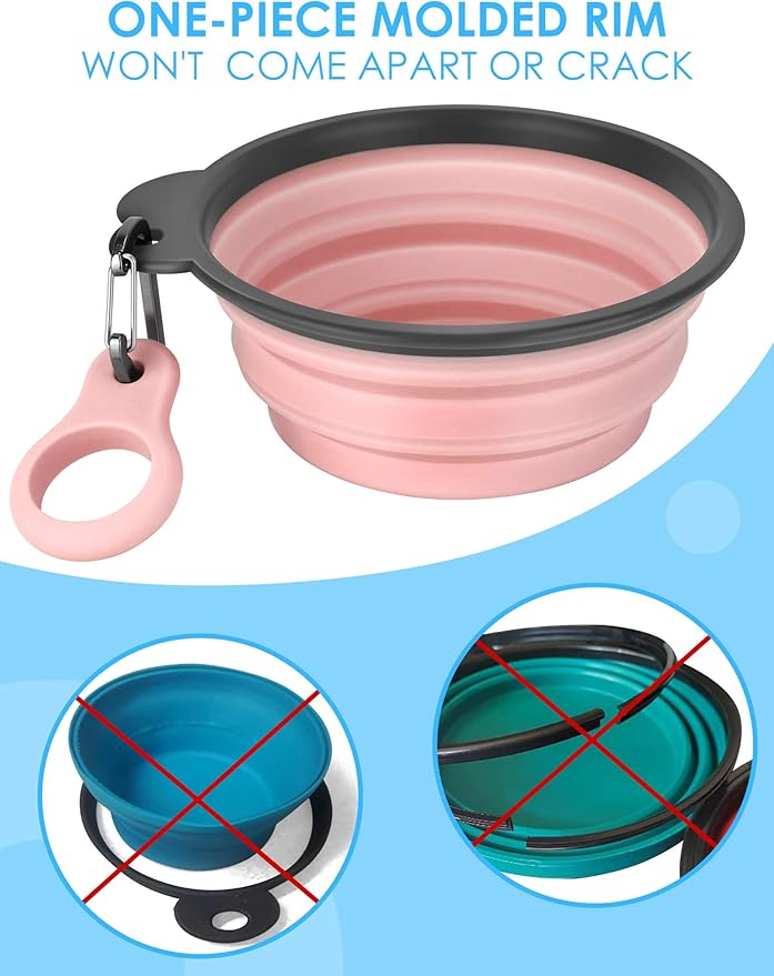 Aonkey Collapsible Dog Bowls with Bottle Carrier, 2 Pack Travel Dog Water Bowl Upgraded Carabiner, One-piece Molded Rim No Fall Off or Crack, Foldable Silicone Portable for Pets Walking Hiking 15oz