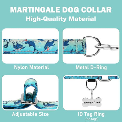 Reflective Martingale Collar for Dogs Nylon Training Collar with No Buckle, No Pull Boy Male Dog Collar for Medium Dogs（Green Shark，M）