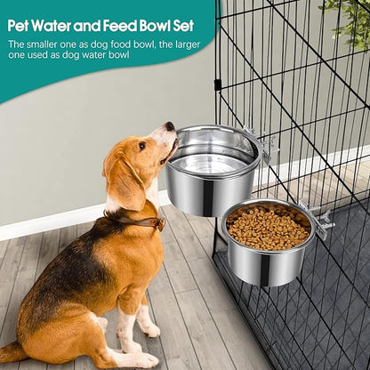 2 Pcs Large Dog Food Water Bowl for Cage with Upgraded Clamp Holder, Pet Kennel Hanging Bowls Stainless Steel Detectable Bowls Crate Feeder Dish for Large Dogs (7.1x3.7'' & 5.1x2.7'')
