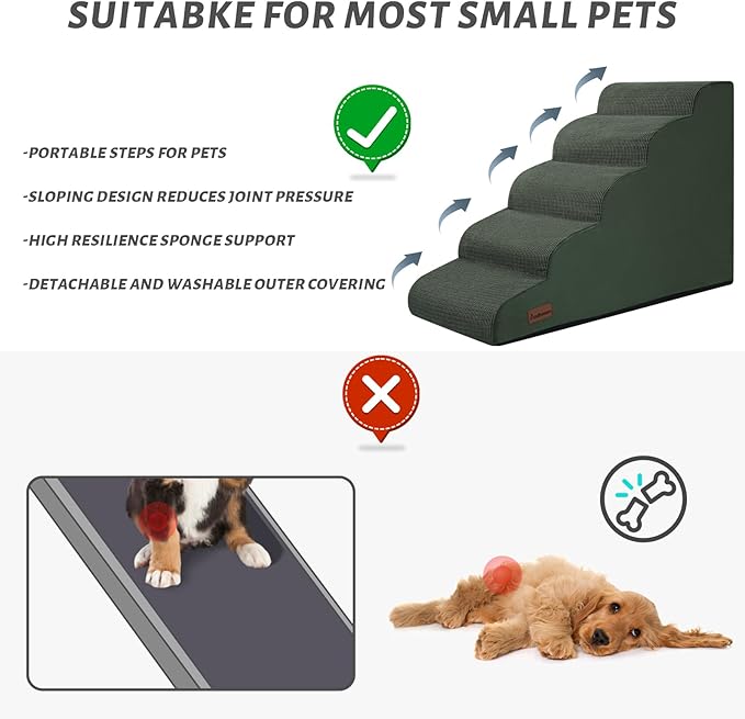 Aodisman 5-Step Dog Stairs and Ramp for High Bed, Non-Slip Sturdy Pet Steps for Small Dogs and Cats,22.2" H,Green