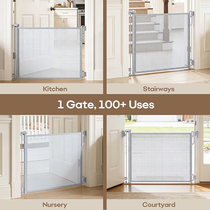 SPACEANY Retractable Baby Gate for Stairs & Doorways - 55" Wide Portable Safety Gate | Fits Baseboards, Easy to Use Indoor/Outdoor | Mesh Gate for Dogs, Puppies, Gray