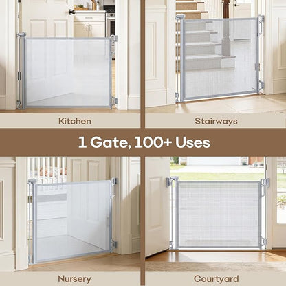 SPACEANY Retractable Baby Gate for Stairs & Doorways - 55" Wide Portable Safety Gate | Fits Baseboards, Easy to Use Indoor/Outdoor | Mesh Gate for Dogs, Puppies, Gray