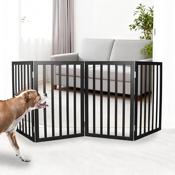 ZJSF Freestanding Indoor Dog Gate for House Foldable Wood Black Puppy Gate for Doorways Pet Gate for Stairs Extra Wide Pet Fence 32" Height 4 Panels