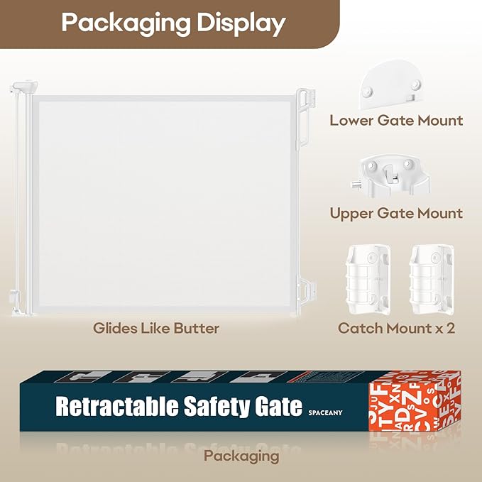 SPACEANY Retractable Safety Baby Gate or Mesh Dog Gate,Durable Portable Mesh Retractable Gate,Easy to Use for Stairs, Doorways, Hallways, Indoor, Outdoor, 33.5" Tall, Up to 45" Wide, White