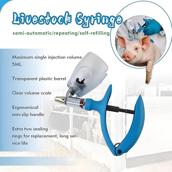 Livestock Continuous Syringes, Adjustable Veterinary Injection Gun with Bottle Insertion, Precision Injector for Poultry(C,5ML)