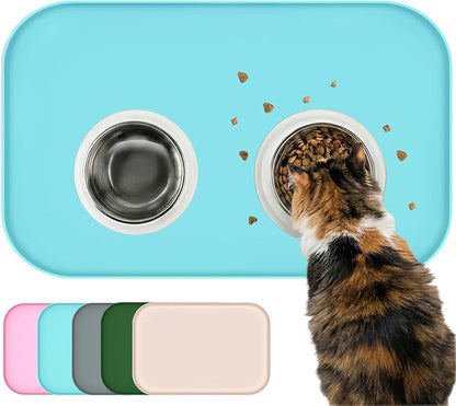 Waterproof Silicone Pet Feeding Mat Blue with Raised Edge,24" x 16"Non-Skid Spill Proof Dog Bowl Mats, Easy Clean Cat Bowls Placemat for Cats and Dogs