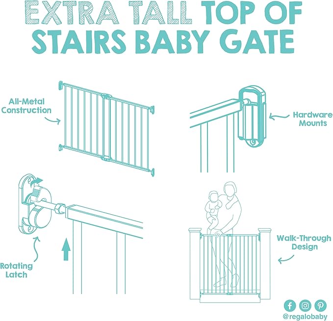 Regalo Safety 36" Extra Tall Baby Gate for Stairs & Doorways, Walk-Through Stair Gate with Door, Hardware Mounted Gate for Babies, Toddlers & Pets, Fits 24"–40.5" Openings, Black