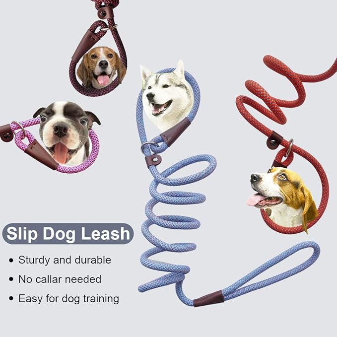 BTINESFUL 7ft Slip Lead Dog Leash, 1/4" Nylon Rope Dog Training Leash for Small Medium Dogs No-Pull Walking, Behavior Training, 14+ Colors