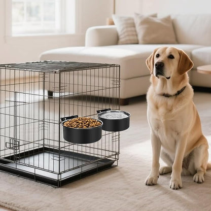 Dog Crate Bowl, Kennel Dog Bowls Mountable & Non Slip Rubber Base Food and Water Bowls, 34oz & 25oz Metal Dish for Medium and Small Pets, Cats, Dogs, Puppy, Rabbit, 2 Pack, Black
