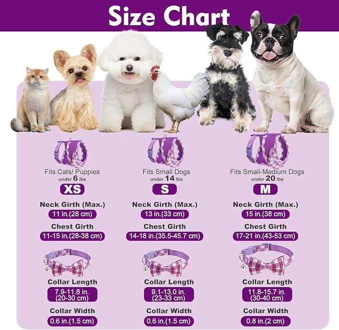 EXPAWLORER Cute Dog Harness Collar Leash Set - Purple Girl Dog Harness Checkered Step-in Design, Detachable Bow Pet Collar, Adjustable No-Choke Lightweight Mesh Vest for Small Medium Dogs, M