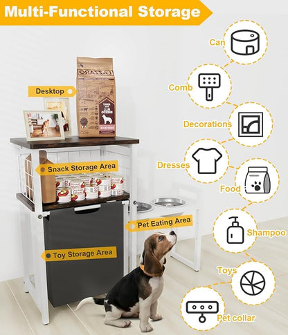 30.6Long x 26.2 High Elevated Dog Bowl Stand with Pet Food Storage Organizer, Adjustable Raised Feeding Station with Toy Basket for Large Medium Small Dogs and Cats, White