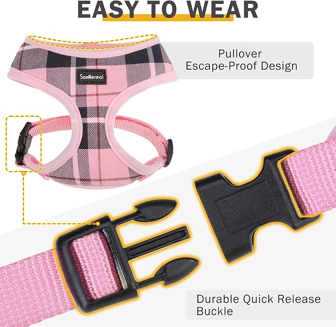 SCENEREAL Puppy Dog Harness with Leash Set for Small Medium Sized Dogs, Soft Mesh Pet Harnesses and Leash, No Chock Plaid Adjustable No Pull Vest for Dogs Cats, Chihuahua,Bulldog (Pink S)