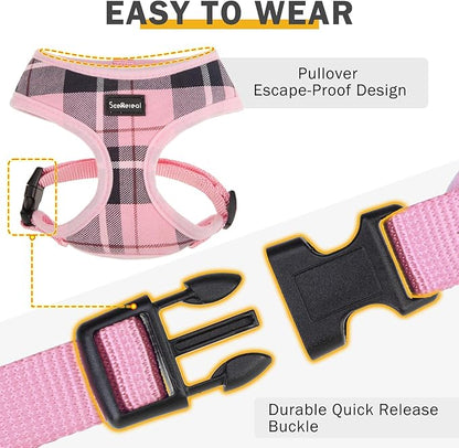 SCENEREAL Puppy Dog Harness with Leash Set for Small Medium Sized Dogs, Soft Mesh Pet Harnesses and Leash, No Chock Plaid Adjustable No Pull Vest for Dogs Cats, Chihuahua,Bulldog (Pink S)