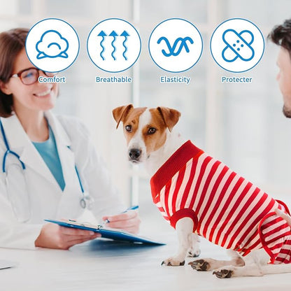 2 Packs Breathable Cotton Dog Recovery Suit for After Neuter Spay Abdominal Wounds Protector, Professional Anti-Licking Onesies for Male Female Pets Surgery Bandages, M Red & Blue Stripes