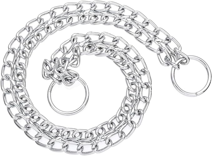 Silver Dog Choker Chain, Double Row Martingale Chain Dog Collars, Chew Proof Metal Cuban Link Slip Collar Adjustable for Small Medium Large Breed Dogs (2 Row, M)