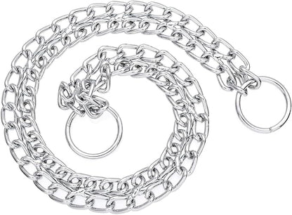 Silver Dog Choker Chain, Double Row Martingale Chain Dog Collars, Chew Proof Metal Cuban Link Slip Collar Adjustable for Small Medium Large Breed Dogs (2 Row, M)