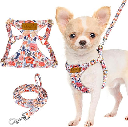Lukovee Puppy Harness and Leash Set, No Pull Lightweight Soft Suede Adjustable Pet Harness Vest with Snap Buckle for Puppy Small and Medium Size Dog (Flower-S)