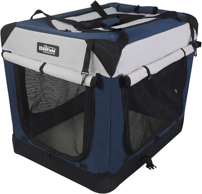 EliteField 4-Door Folding Soft Dog Crate with Curtains, Carrying Bag and Fleece Bed (2 Year Warranty), Indoor & Outdoor Pet Home (36" L x 24" W x 28" H, Navy Blue +Gray)