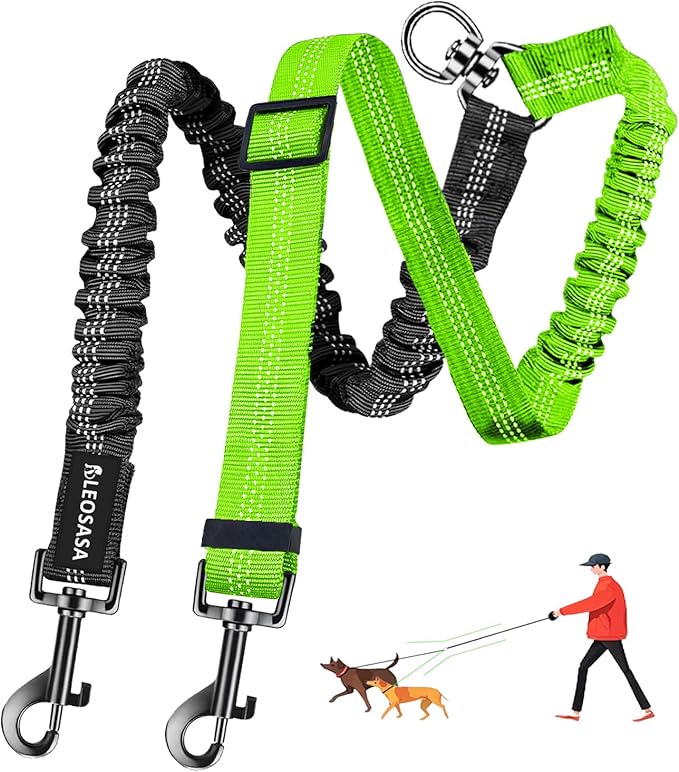 Double Dog Leash - 360°Swivel Tangle Free Splitter Attachment, 2 Dogs Multi-Functional Leashes, Dual Rope for Outdoor Walk Train Small Medium Large Two Pet, Green