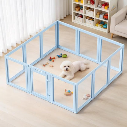 DIY Clear Acrylic Dog Playpen House,Quick Easy Assembly and Disassembly,Strong Floor Suction,Indoor and Outdoor Use,Easy Cleansing Puppy Fence (Sky Blue, 23.6" H, 12PCS)