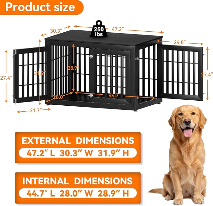 Snuowu 48" Heavy Duty Dog Crate Furniture for Small,Medium and Large Dogs,Rustic Wooden Dog Cage Kennel Indoor Furniture with Waterproof Top,Decorative Pet House Side End Table (Black)