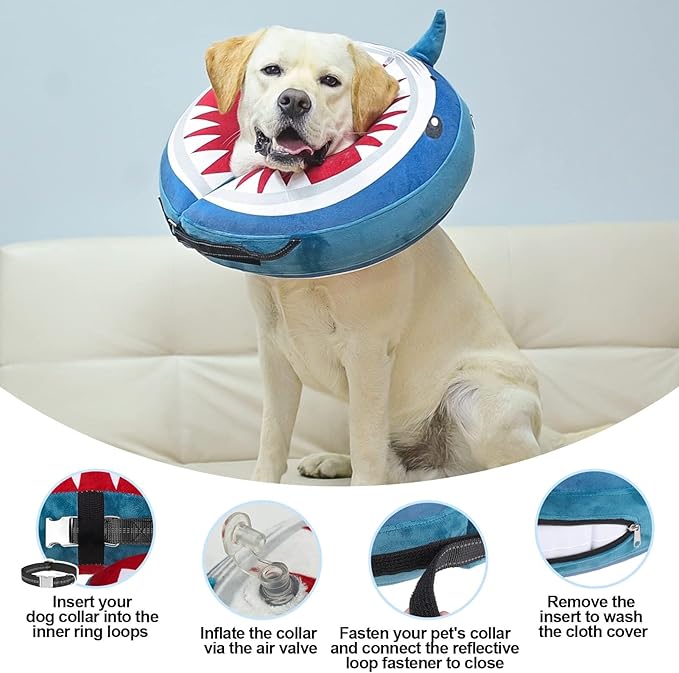 BEAUTYZOO Dog Cone Alternative After Surgery for Large Medium Small Dogs, Soft Inflatable Cone Collar for Dogs Cats, Pet Neck Donut E Collar Dog Recovery Collars to Stop Licking, Shark Blue, L