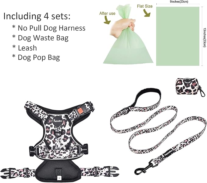 Petmolico No Pull Dog Harness Set with Leash Attachment Easy Control Handle Reflective Harness Vest Small Breed, Puppy Vest and Leash Set with Poop Bag Holder, XS - Leopard