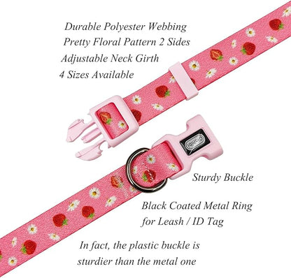 Dog Collar Leash Set, Floral Pattern, Polyester Material, Adjustable Collar and 5ft Matchcing Leash, for Medium Dogs.(M,Daisy and Strawberry)