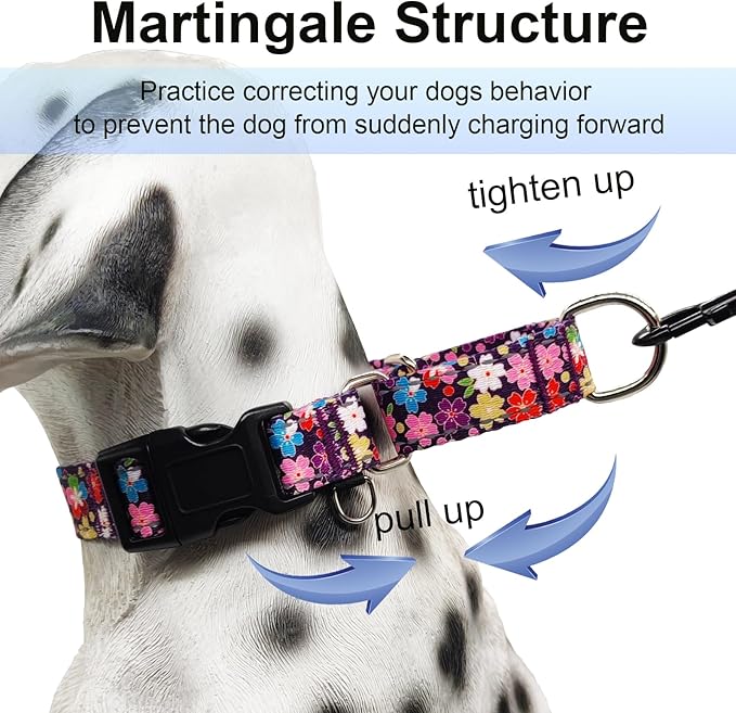 Reflective Martingale Collar for Dogs with Buckle Pretty Fancy Female Floral Dog Collars (Japanese Blossoms, Medium)