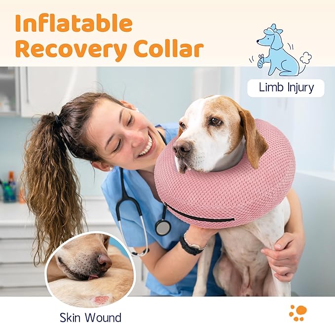 Supet Inflatable Dog Cone Collar for Dogs to Stop Licking, Dog Donut Collar After Surgery, Soft Pet Cone for Small Medium Large Dogs Pink 02 L