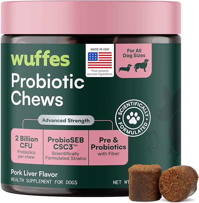 Wuffes Daily Probiotic for Dogs - Supports Digestive Health, Gut Balance, and Immune System - with Prebiotics, Marshmallow Root, and Pumpkin Powder - 60 Soft Chews