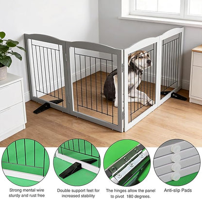 ZJSF Freestanding Dog Fence Indoor, Foldable Dog Gate for Doorways, Stairs or Hallways, Sturdy Wood Extra Wide Pet Gate with Support Feet for The House, Grey, 32 "Height-4 Panels