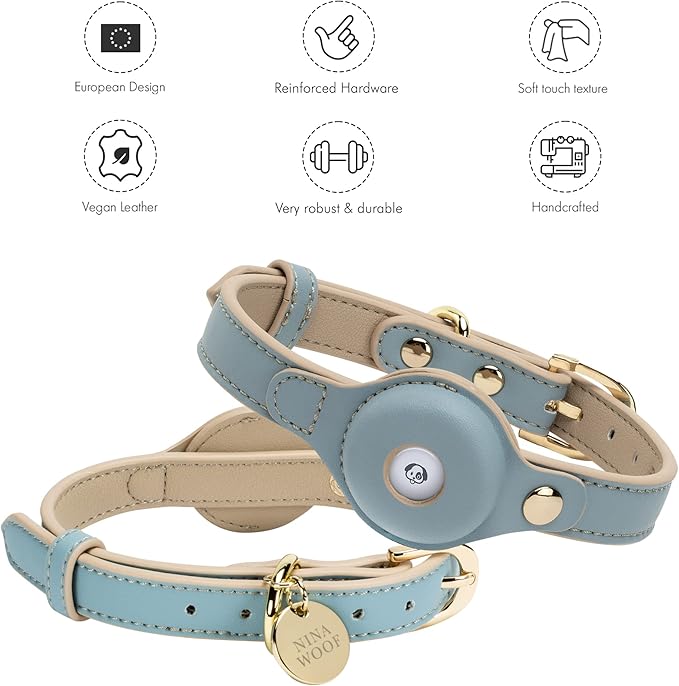 NINA WOOF Cupertino Dog Collars, Harnesses & Leashes Made from Vegan Leather with Dog Tracker Device Holder Adjustable Dog Collar (Small, Blue)